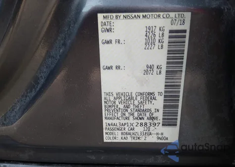 2018 Nissan Altima 2.5 Sr z USA, uszkodzony, nr VIN 1N4AL3AP1JC288397